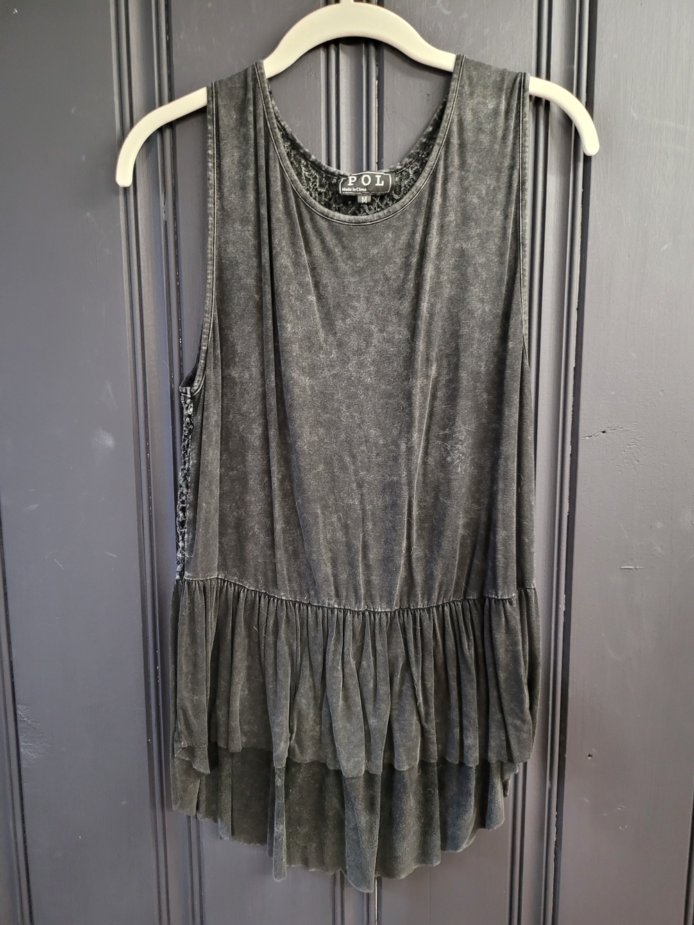 POL Washed Black Ruffle Hem, Lace Back Tank, Oversized